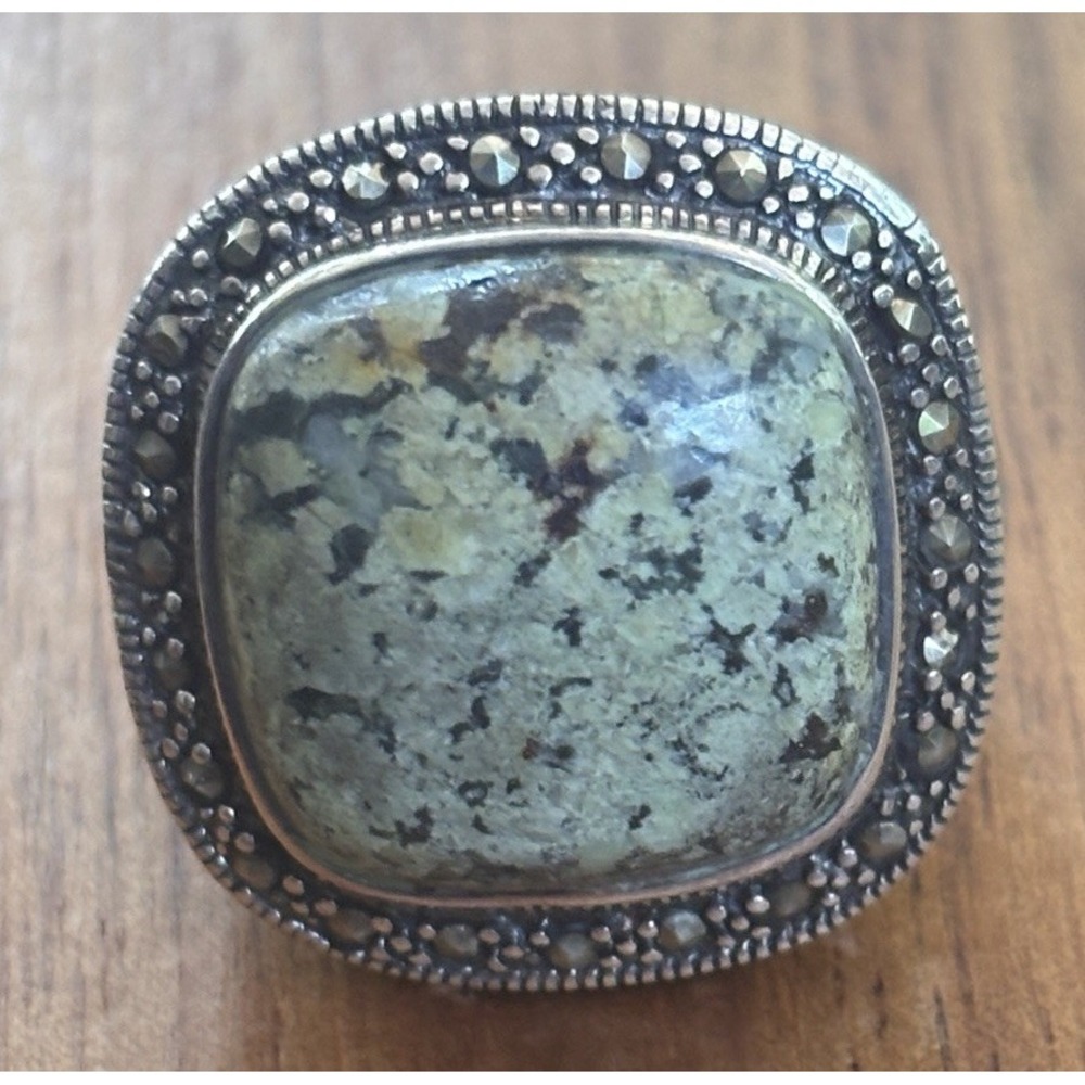 CFJ Thailand RING Sterling Silver Moss Agate Stone Signed Size 5.75